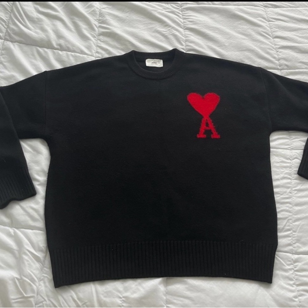 Ami Black Crewneck Sweater with Red Heart Accent